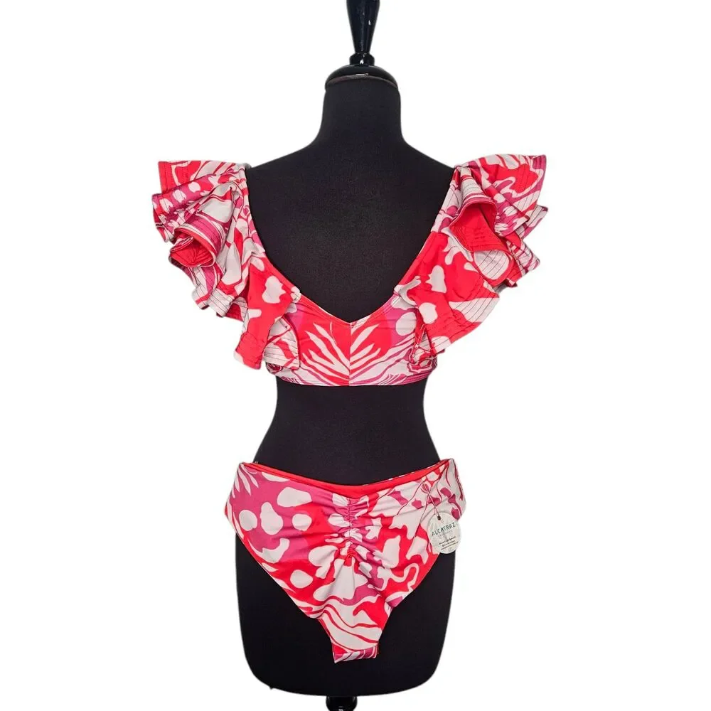 ALCATRAZ Swimwear Monarca Bikini Ruffles Size 38 Top Size Large Bottom